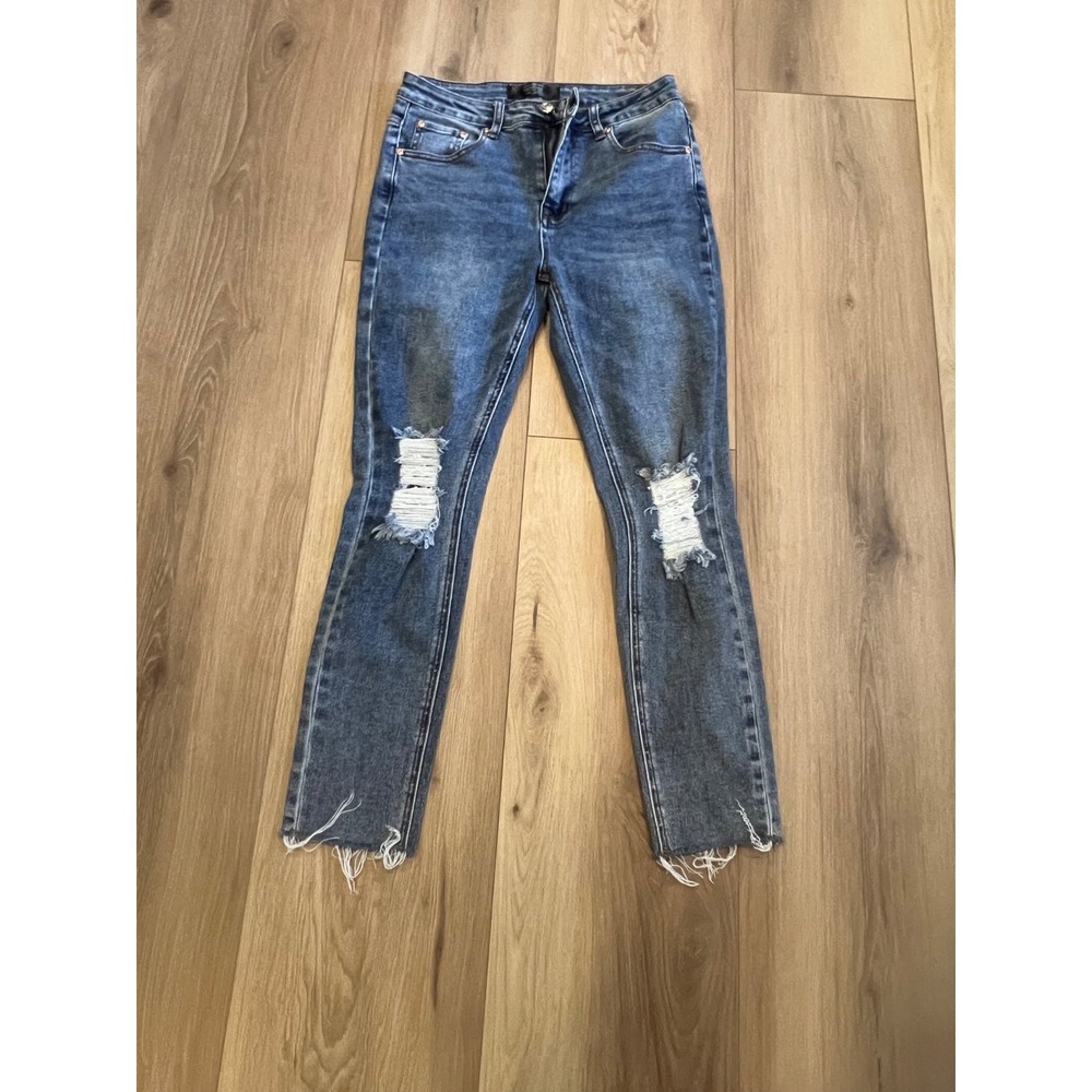 Monkey Ride Jeans Womens 9/29 Distressed Ripped Skinny Jeans Blue Denim Raw Hem